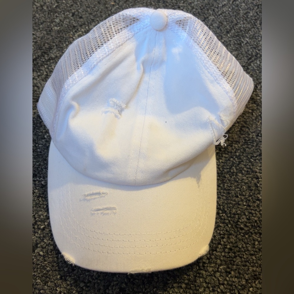 Women’s White Distressed Baseball Cap with messy bun/pony tail hole